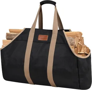 G GOOD GAIN Firewood Carrier– Large Fire Wood Bag with Handles, Waterproof Log Carrier for Firewood,Heavy Duty Canvas Firewood Tote Bag, Wood Carrier for Firewood, Stove and Fireplace.Black