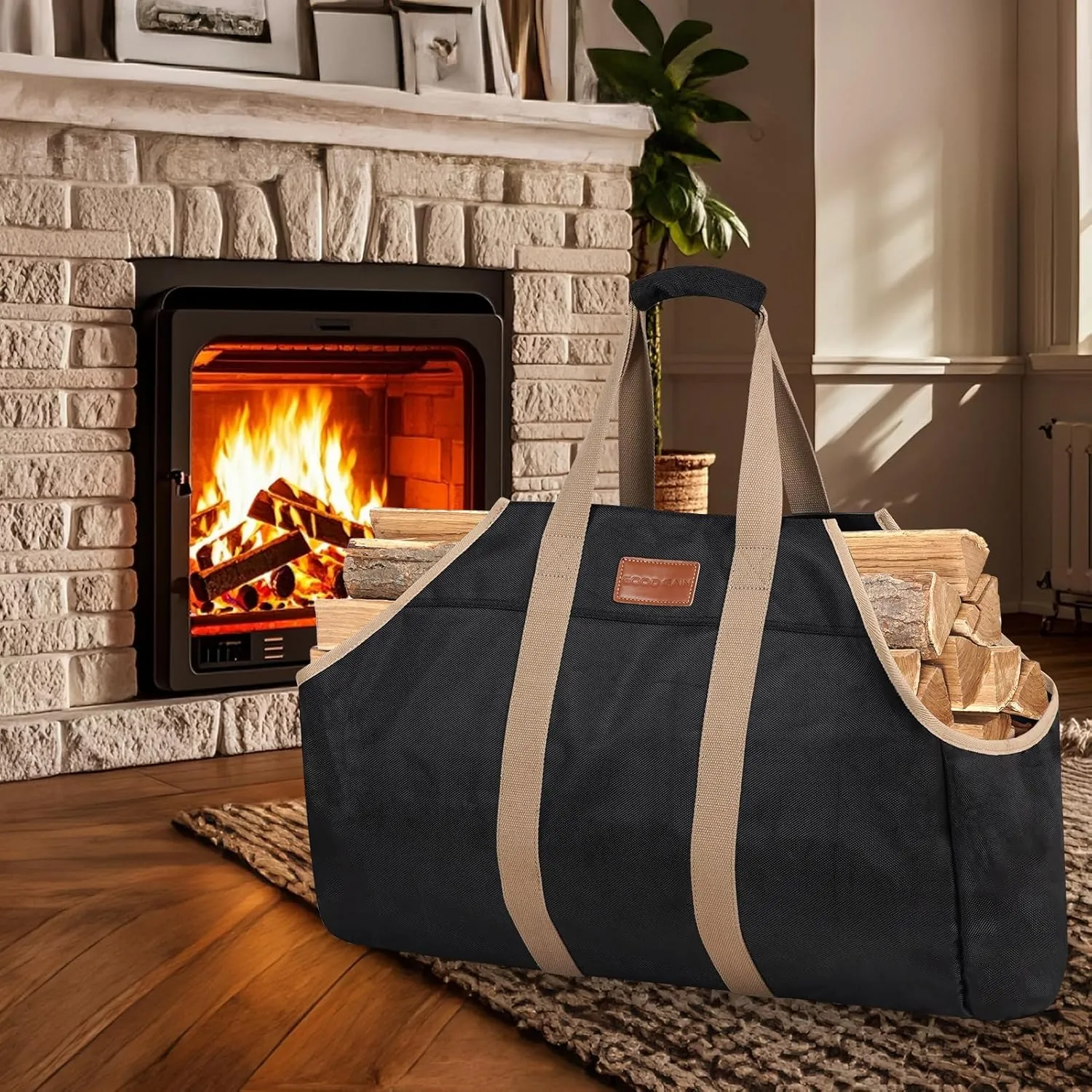G GOOD GAIN Firewood Carrier– Large Fire Wood Bag with Handles, Waterproof Log Carrier for Firewood,Heavy Duty Canvas Firewood Tote Bag, Wood Carrier for Firewood, Stove and Fireplace.Black