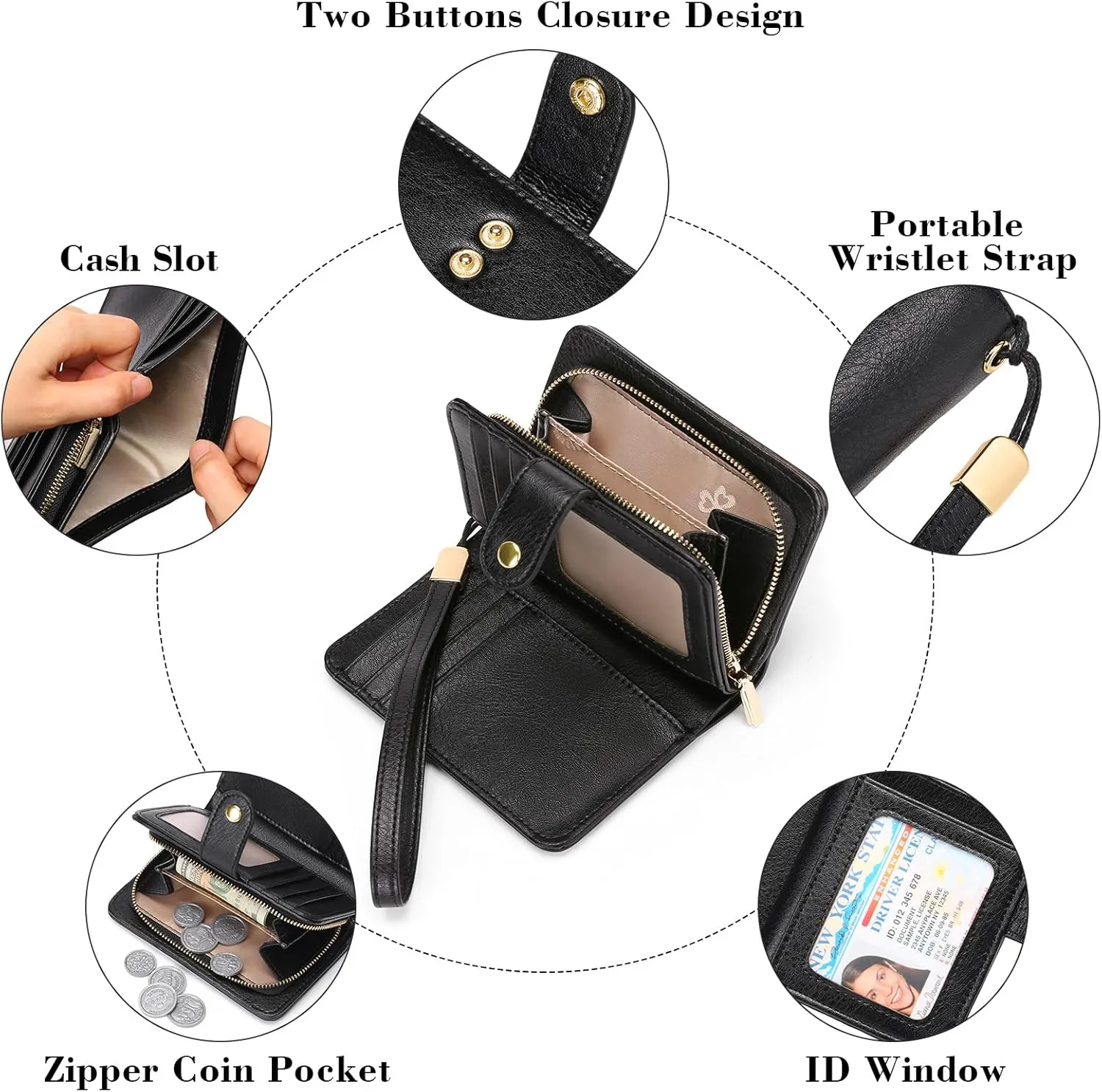 GAEKEAO Small Wallet for Women RFID Blocking Leather Wristlet Purse Bifold Ladies Wallet Credit Card Holder with ID Window
