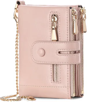 GAEKEAO Small Wallets for Women Leather RFID Blocking Bifold Double Zipper Coin Pocket Purse with Anti-Theft Chain