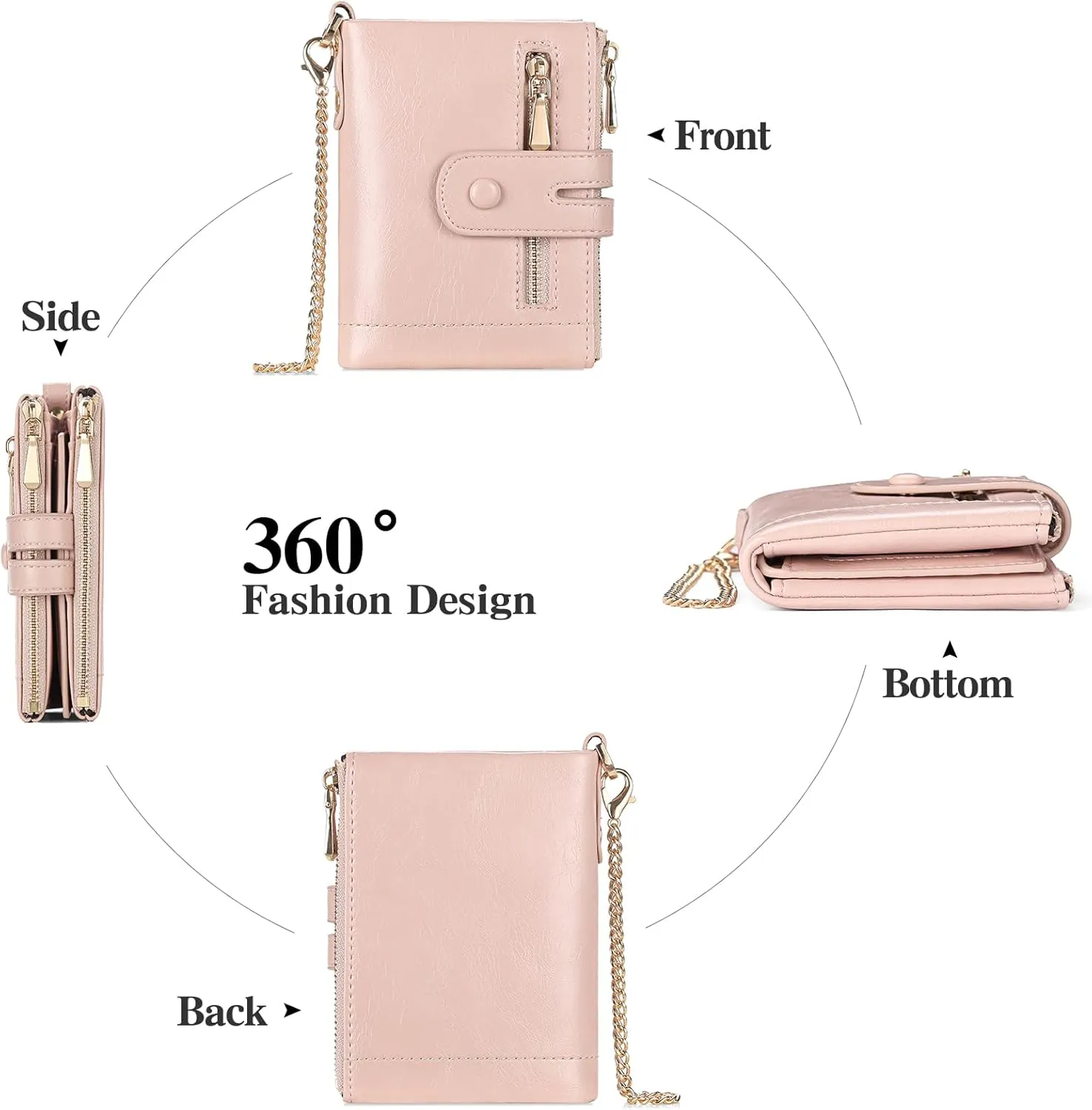 GAEKEAO Small Wallets for Women Leather RFID Blocking Bifold Double Zipper Coin Pocket Purse with Anti-Theft Chain