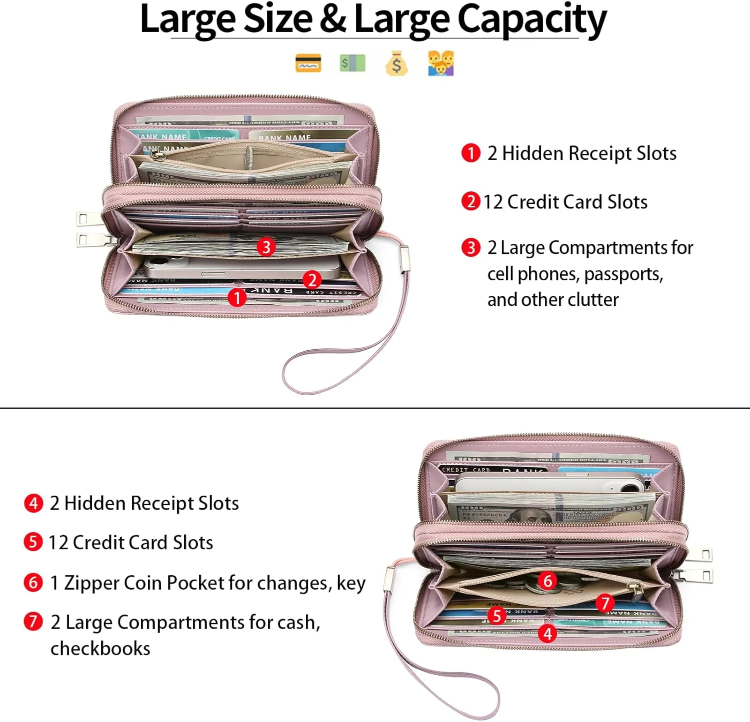 GAEKEAO Wallet for Women Clutch RFID Blocking Leather Wristlet Purse Large Capacity Credit Card Holder with Grip Hand Strap