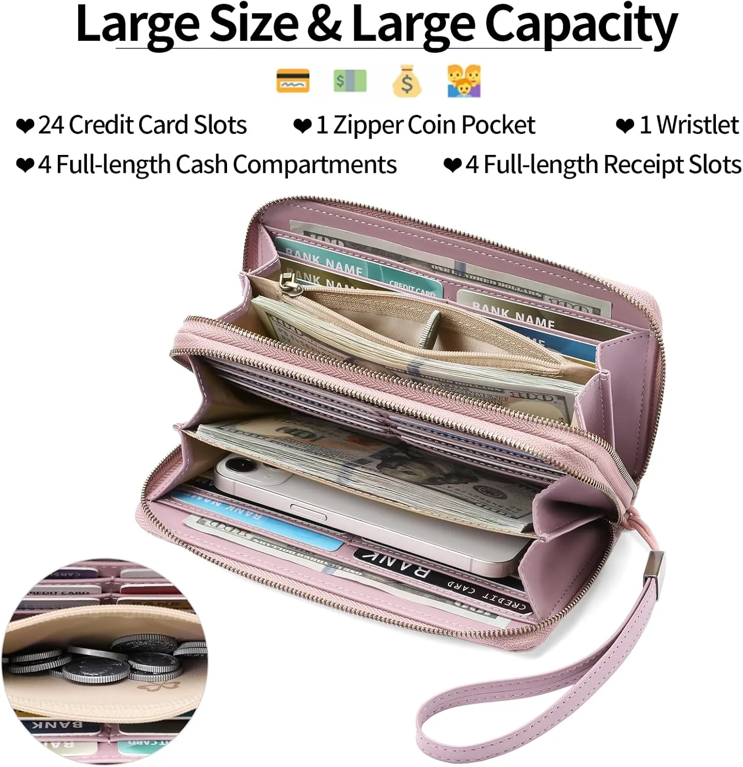 GAEKEAO Wallet for Women Clutch RFID Blocking Leather Wristlet Purse Large Capacity Credit Card Holder with Grip Hand Strap