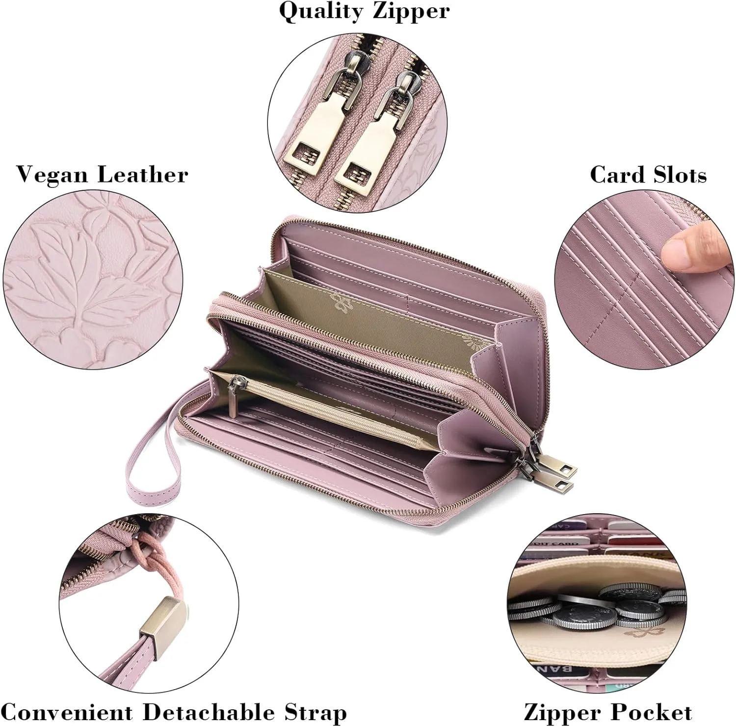 GAEKEAO Wallet for Women Clutch RFID Blocking Leather Wristlet Purse Large Capacity Credit Card Holder with Grip Hand Strap