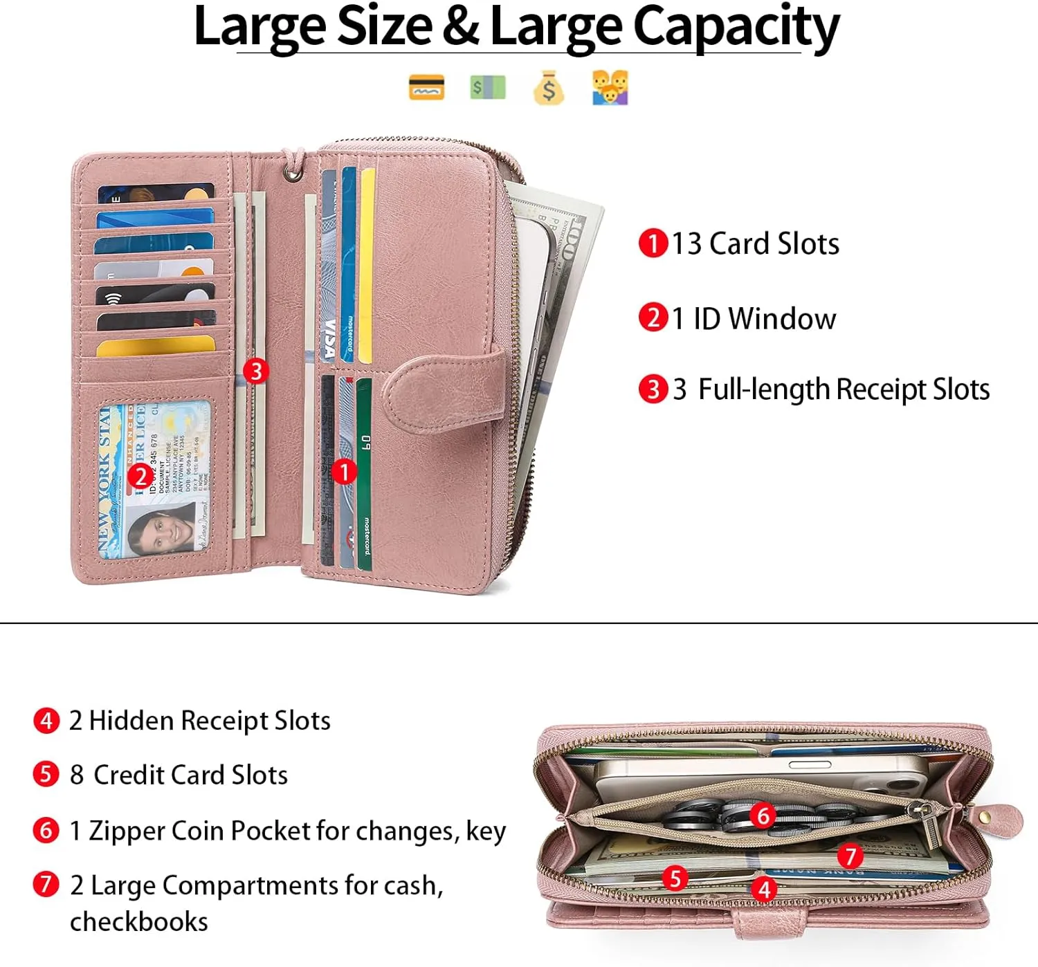 GAEKEAO Wallet for Women Clutch RFID Blocking Leather Wristlet Purse Large Capacity Credit Card Holder Zip Around Wallets