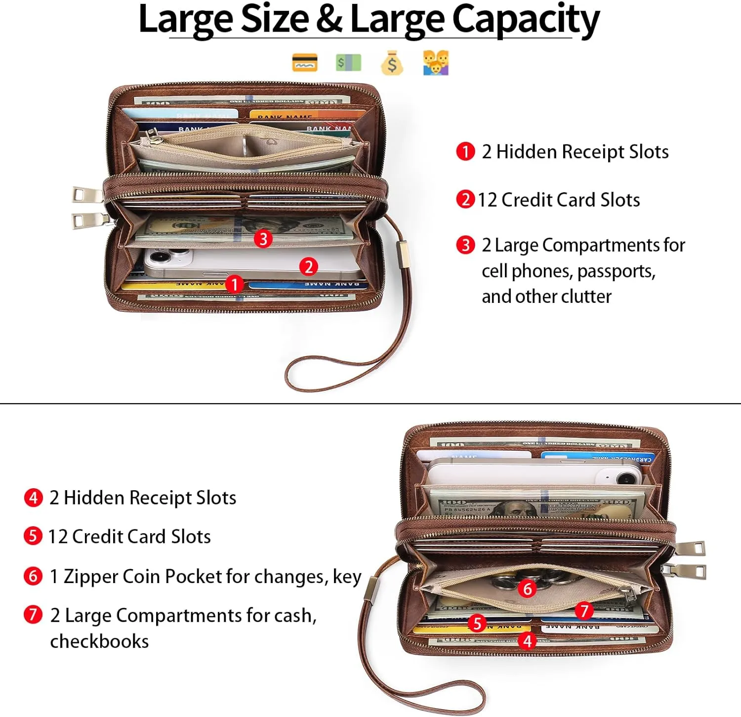 GAEKEAO Wallet for Women Clutch RFID Blocking Wristlet Leather Purse Large Capacity Credit Card Holder with Grip Hand Strap