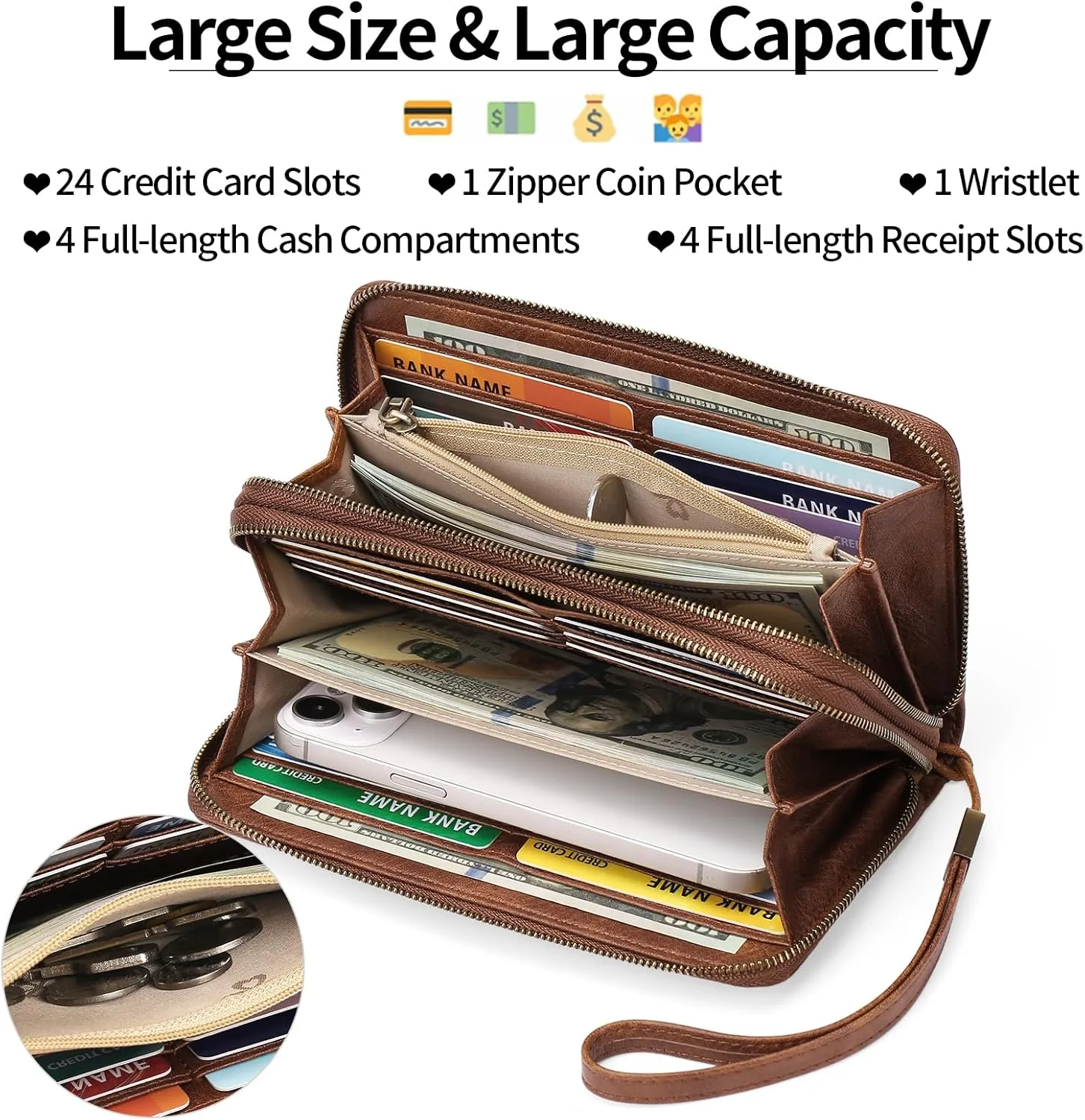 GAEKEAO Wallet for Women Clutch RFID Blocking Wristlet Leather Purse Large Capacity Credit Card Holder with Grip Hand Strap