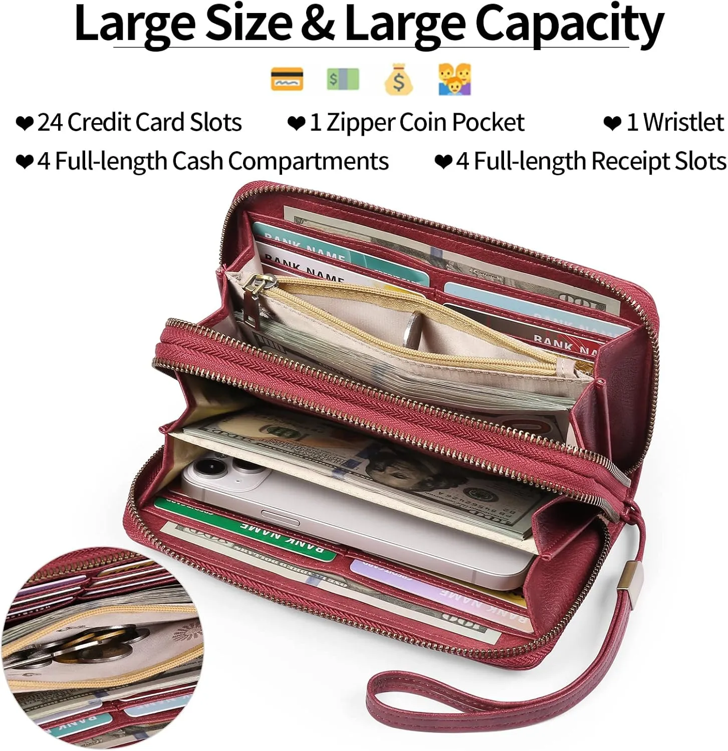GAEKEAO Wallet for Women Clutch RFID Blocking Wristlet Leather Purse Large Capacity Credit Card Holder with Grip Hand Strap