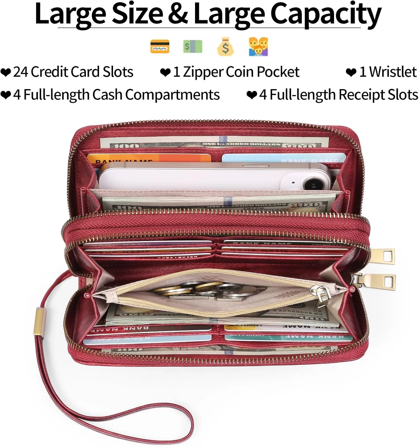 GAEKEAO Wallet for Women Clutch RFID Blocking Wristlet Leather Purse Large Capacity Credit Card Holder with Grip Hand Strap