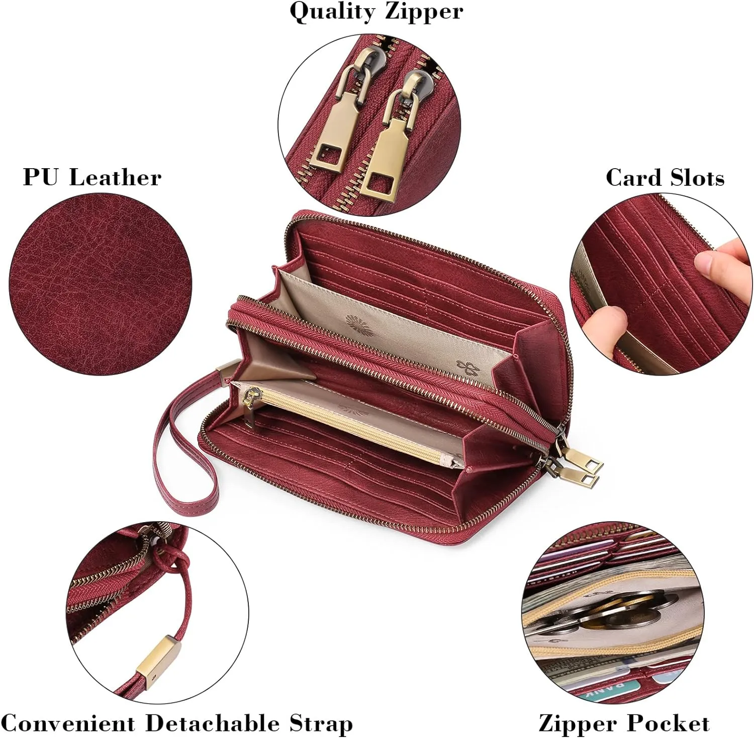 GAEKEAO Wallet for Women Clutch RFID Blocking Wristlet Leather Purse Large Capacity Credit Card Holder with Grip Hand Strap