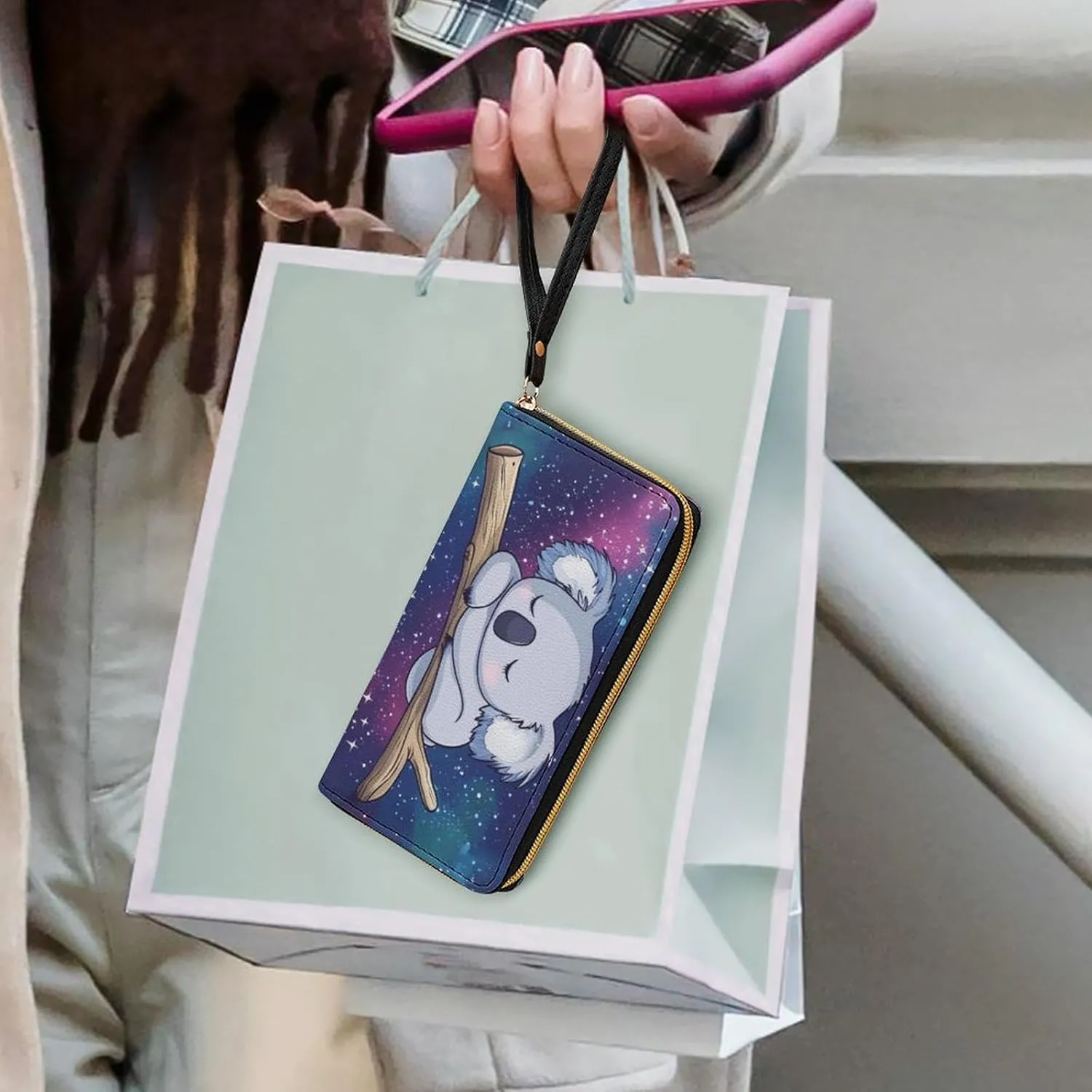 Galaxy Koala Purse Wristlet Wallets for Women Clutch Soft Leather Coin Purses Money Card Holder Travel Pouch Bag Keychain Wallet Handbag Phone Case Purple