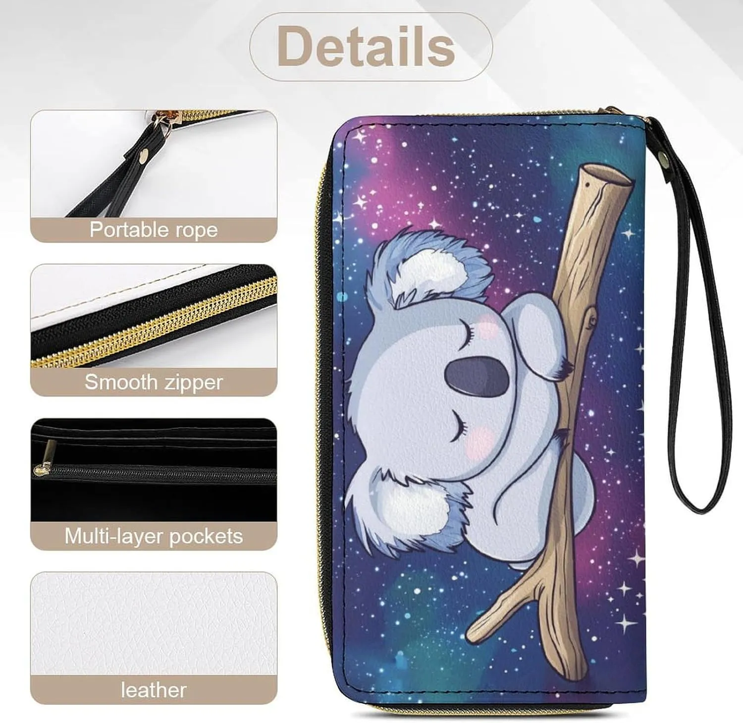 Galaxy Koala Purse Wristlet Wallets for Women Clutch Soft Leather Coin Purses Money Card Holder Travel Pouch Bag Keychain Wallet Handbag Phone Case Purple