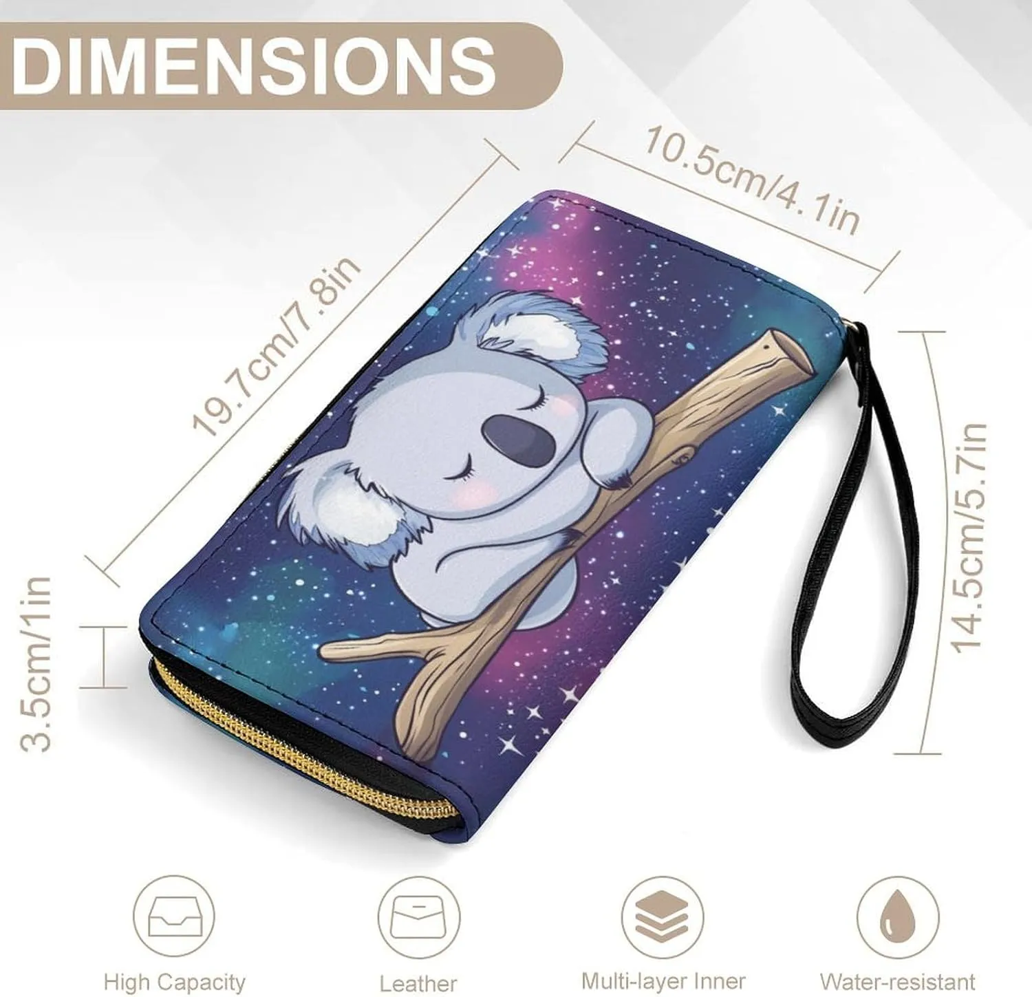 Galaxy Koala Purse Wristlet Wallets for Women Clutch Soft Leather Coin Purses Money Card Holder Travel Pouch Bag Keychain Wallet Handbag Phone Case Purple
