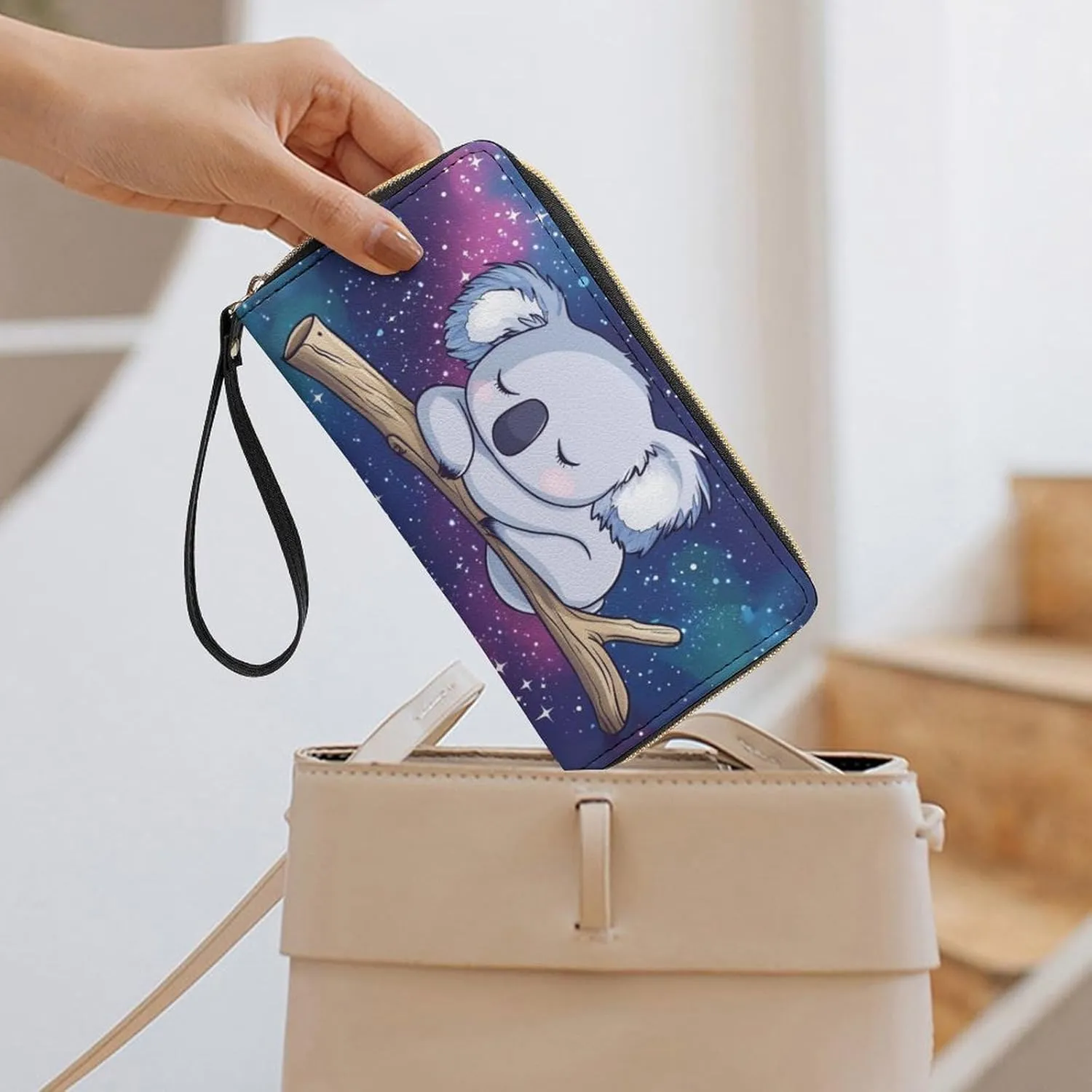 Galaxy Koala Purse Wristlet Wallets for Women Clutch Soft Leather Coin Purses Money Card Holder Travel Pouch Bag Keychain Wallet Handbag Phone Case Purple