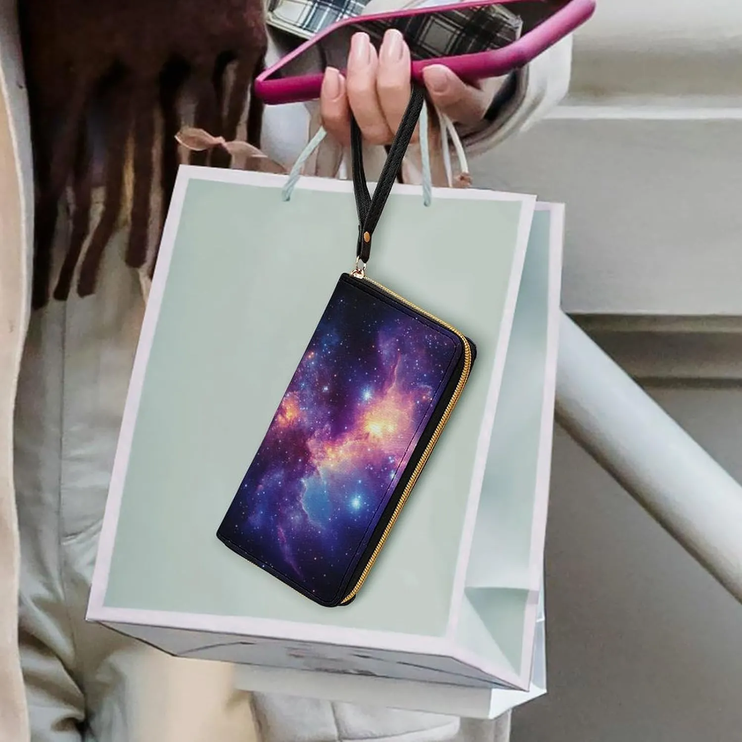 Galaxy Wallet for Women Purse Galaxy Wristlet Wallets Handbags Leather Long Clutch Bag Travel Storage Pouch Phone Purse Cute Money Bag Lanyard Wallets Nebula