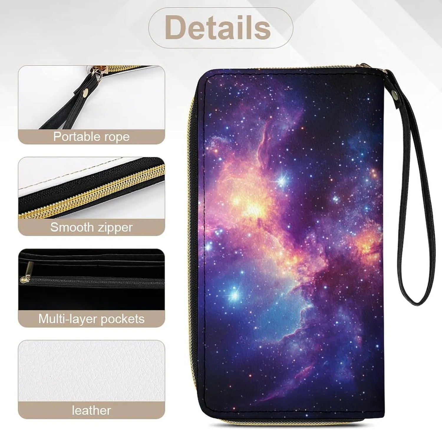 Galaxy Wallet for Women Purse Galaxy Wristlet Wallets Handbags Leather Long Clutch Bag Travel Storage Pouch Phone Purse Cute Money Bag Lanyard Wallets Nebula