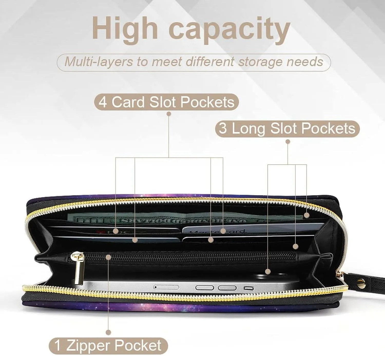 Galaxy Wallet for Women Purse Galaxy Wristlet Wallets Handbags Leather Long Clutch Bag Travel Storage Pouch Phone Purse Cute Money Bag Lanyard Wallets Nebula