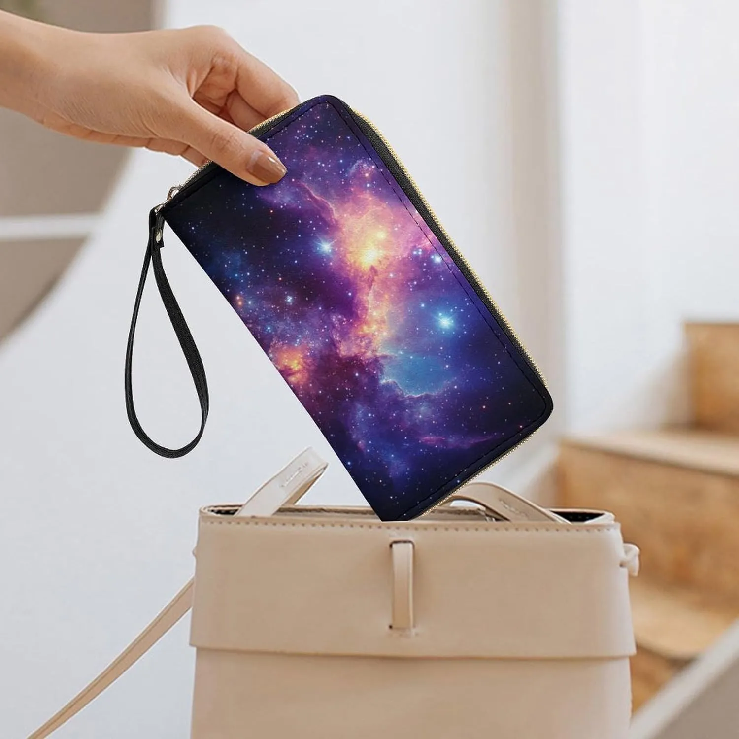 Galaxy Wallet for Women Purse Galaxy Wristlet Wallets Handbags Leather Long Clutch Bag Travel Storage Pouch Phone Purse Cute Money Bag Lanyard Wallets Nebula