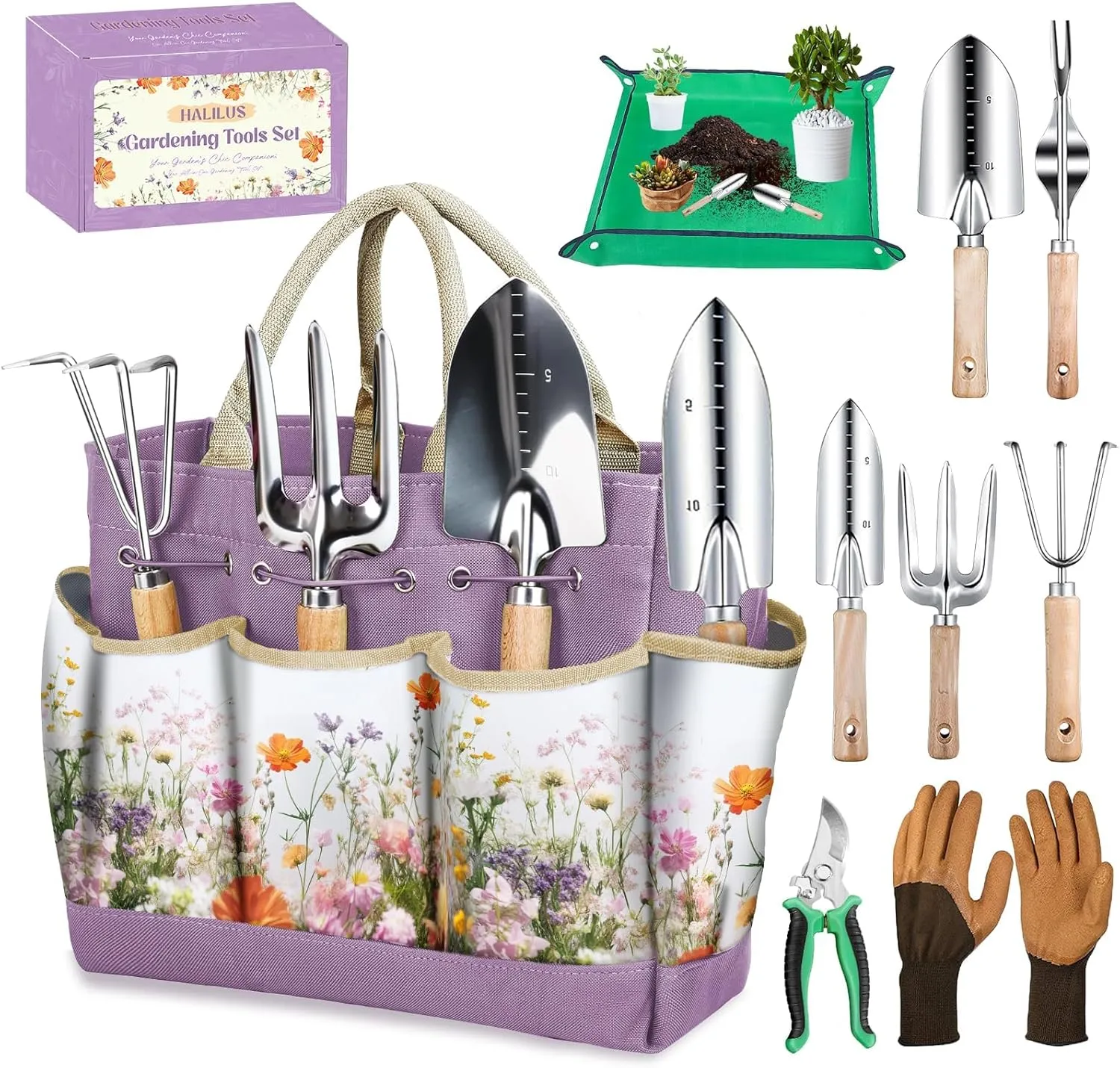 Gardening Gifts for Women 9-Piece Gardening Tools Set for Mom Wife Heavy-Duty Stainless Steel Hand Tools with Floral Tote Bag and Repotting Mat halilus Gardening Supplies Kit