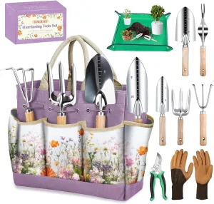 Gardening Gifts for Women 9-Piece Gardening Tools Set for Mom Wife Heavy-Duty Stainless Steel Hand Tools with Floral Tote Bag and Repotting Mat halilus Gardening Supplies Kit