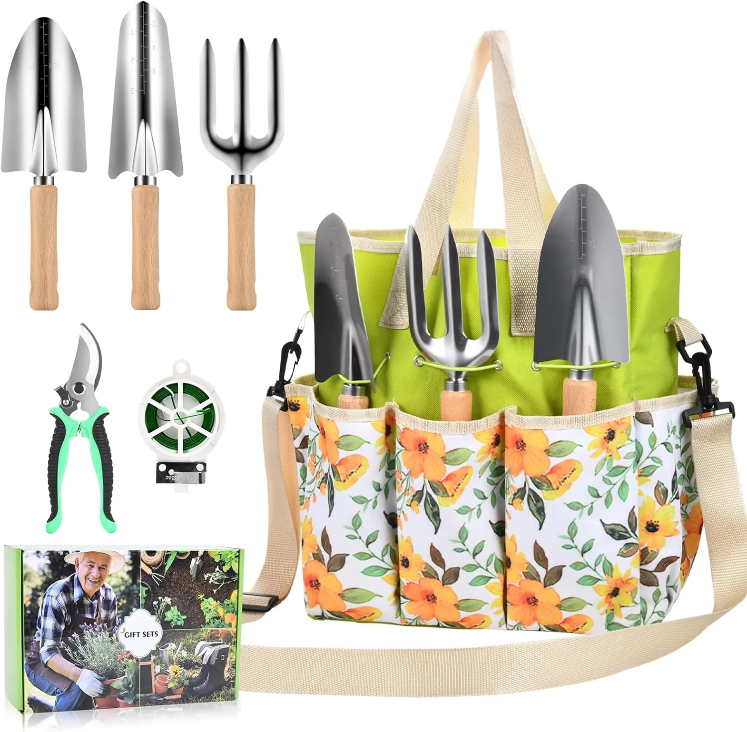 Gardening Tools, Gardening Hand Tools with Durable Shoulder Crossbody Garden Tote Bag Garden Tools Handbag Organizer, 5-Pcs Heavy Duty Rust-Proof Garden Tool Set, Gardening Gifts for Women
