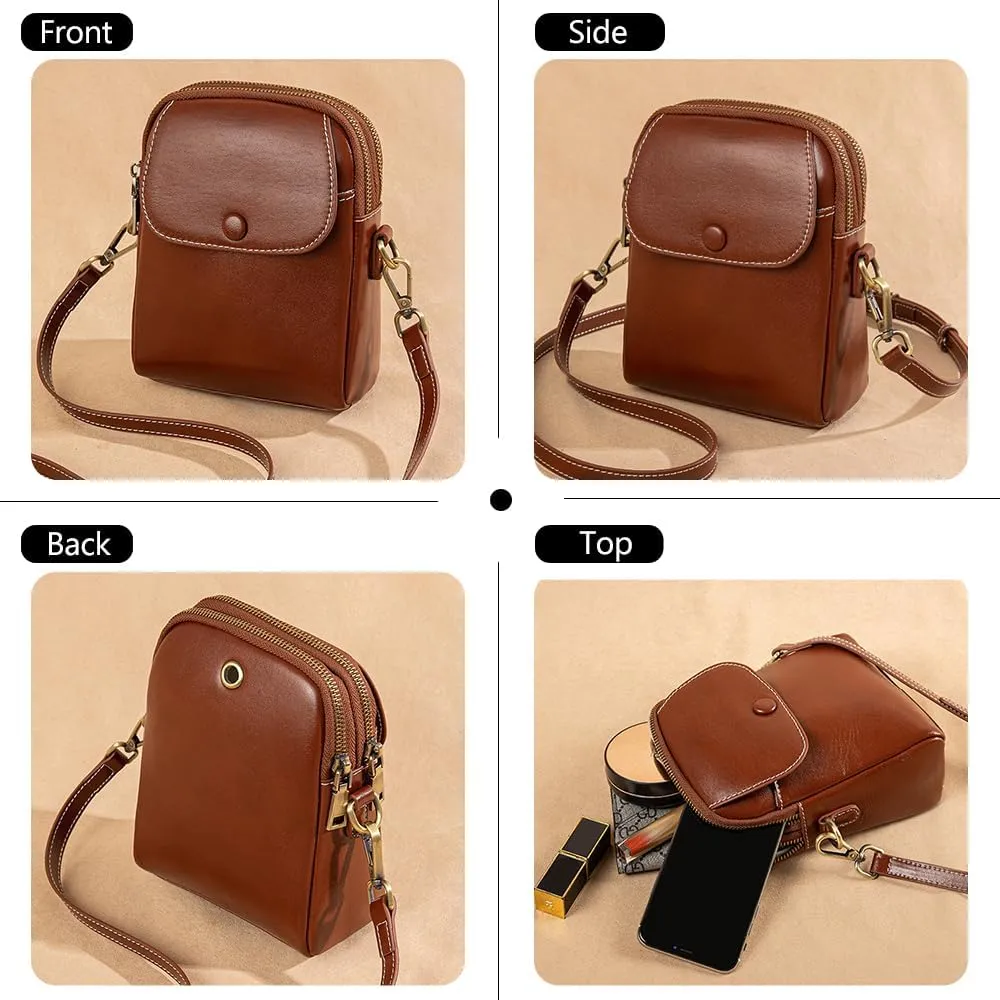 Genuine Leather Crossbody Bag for Women, Small Vintage Shoulder Bag with Adjustable Strap for Daily Use and Travel