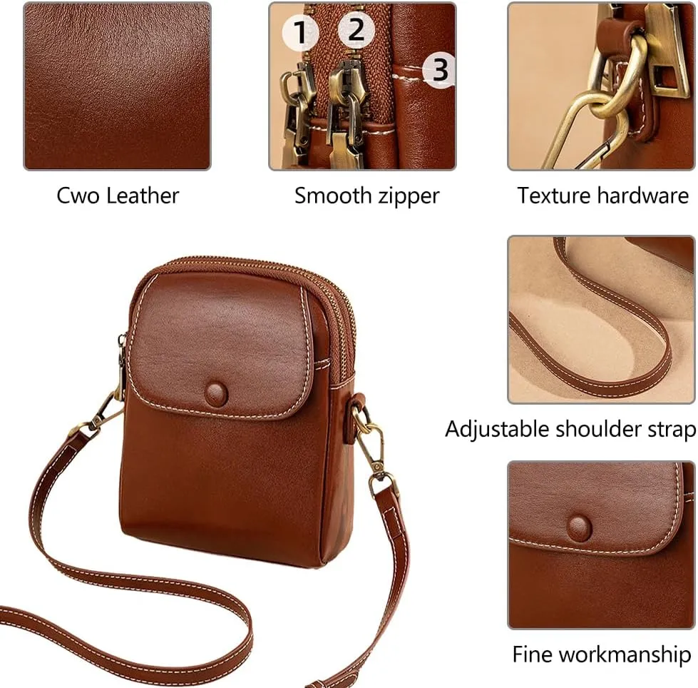 Genuine Leather Crossbody Bag for Women, Small Vintage Shoulder Bag with Adjustable Strap for Daily Use and Travel