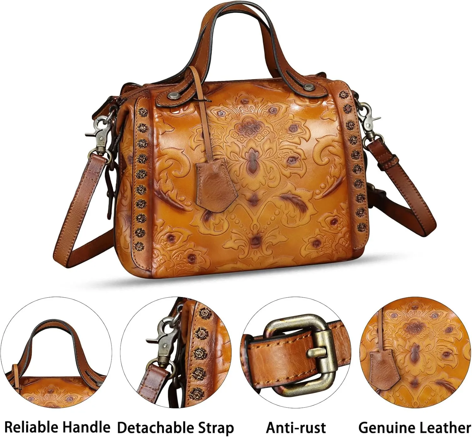 Genuine Leather Purses and Handbags for Women Vintage Embossed Leather Satchel Bags Shoulder Bag Crossbody with Strap
