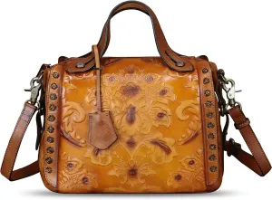 Genuine Leather Purses and Handbags for Women Vintage Embossed Leather Satchel Bags Shoulder Bag Crossbody with Strap