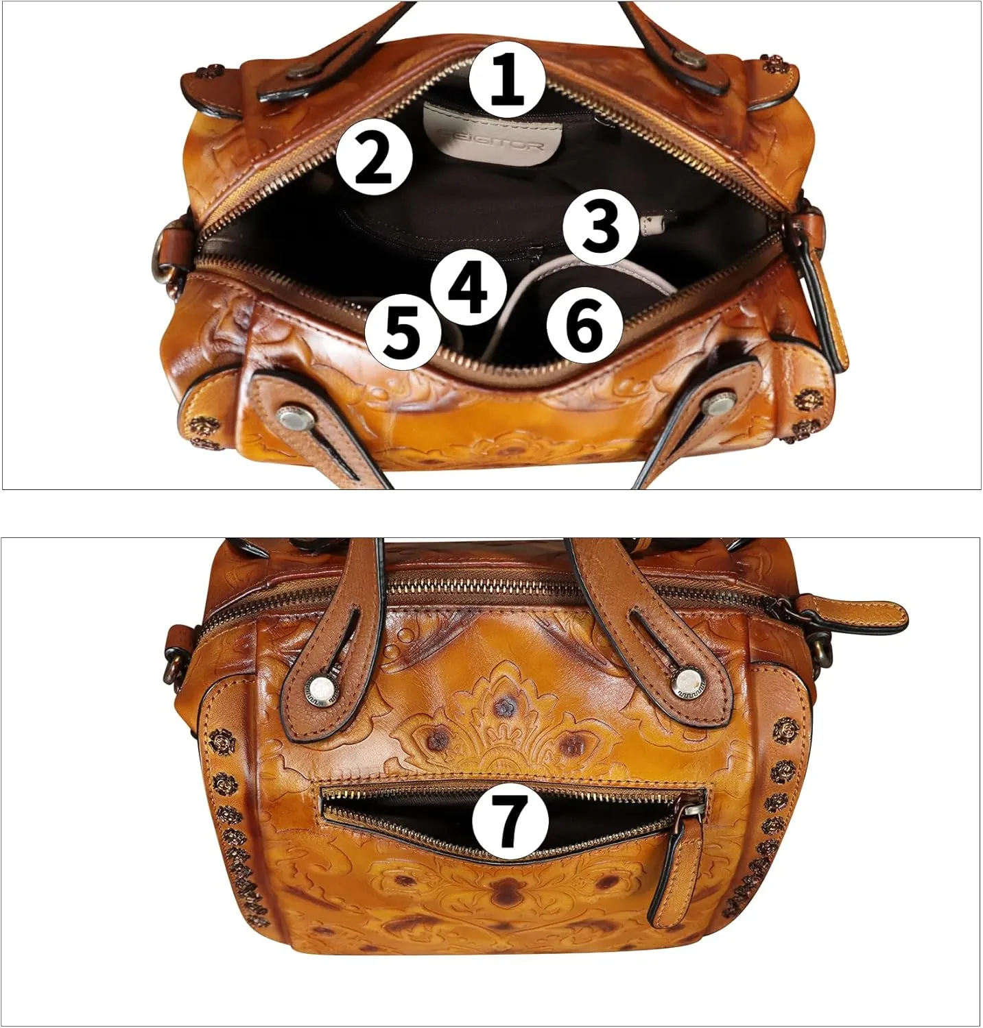 Genuine Leather Purses and Handbags for Women Vintage Embossed Leather Satchel Bags Shoulder Bag Crossbody with Strap