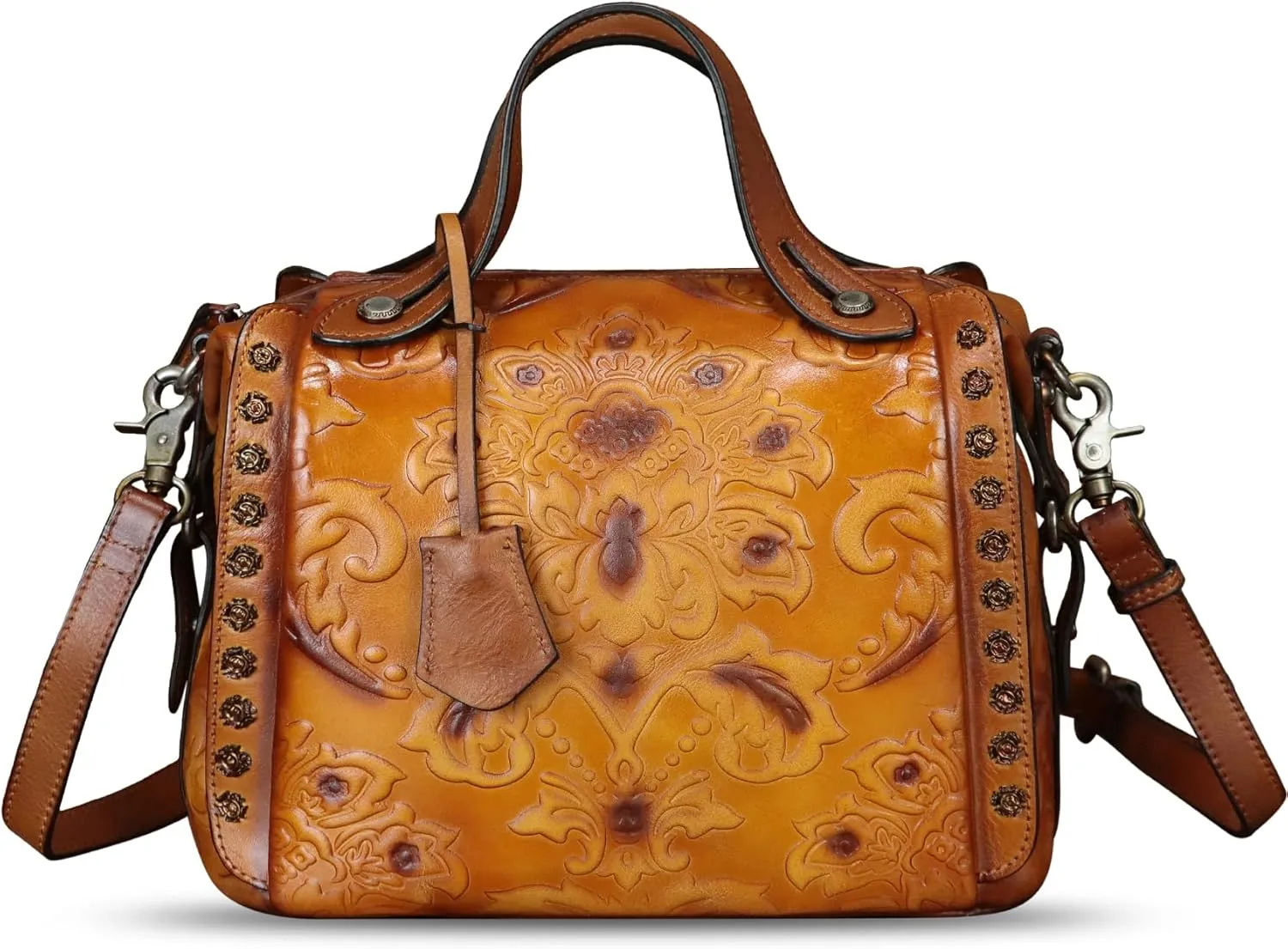 Genuine Leather Purses and Handbags for Women Vintage Embossed Leather Satchel Bags Shoulder Bag Crossbody with Strap