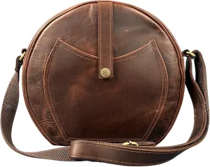 Genuine Leather Round Crossbody Bag – Handmade Sling Purse with Zipper Closure & Adjustable Strap | Vintage Everyday Satchel for Women