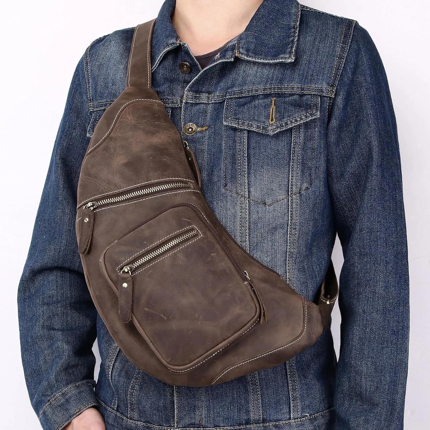 Genuine Leather Sling Bag for Men Women Backpack Chest Shoulder Satchel Crossbody Bags Casual Outdoor Daypack