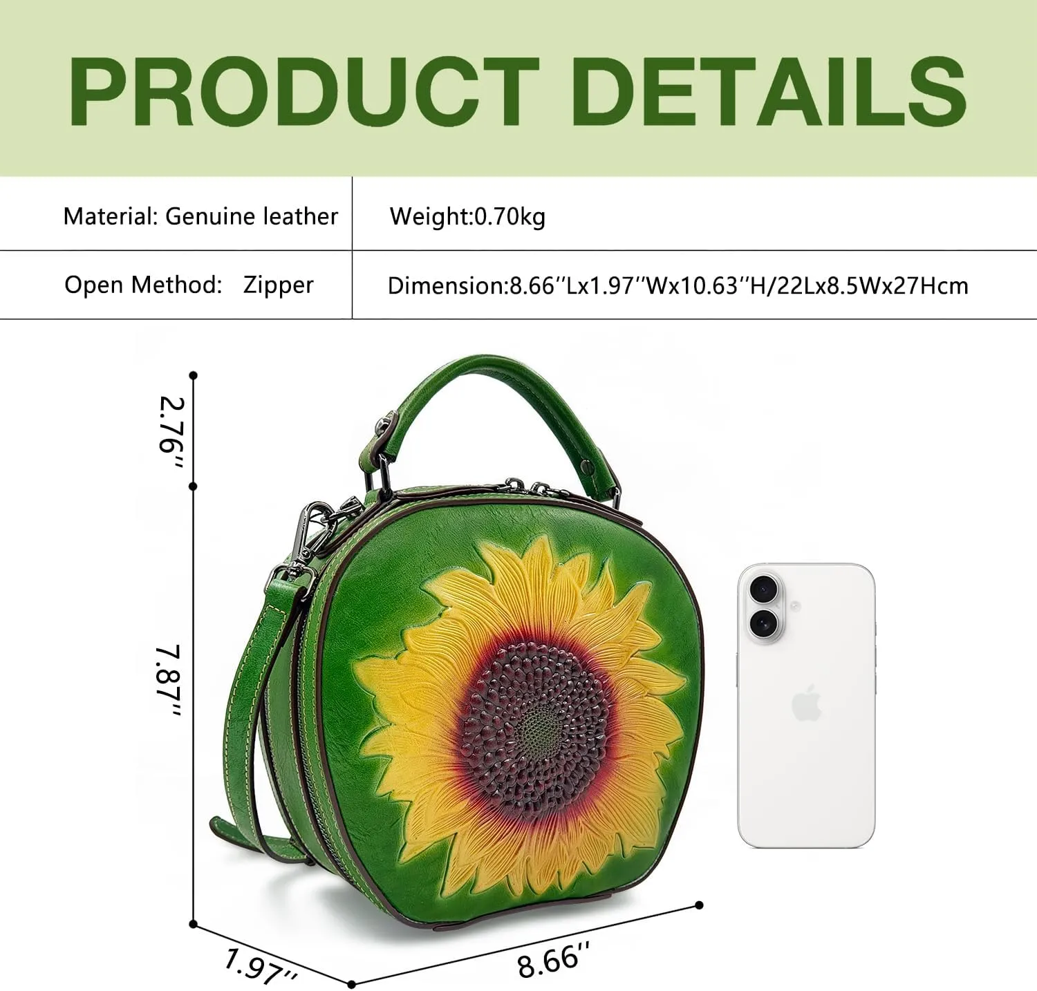 Genuine Leather Vintage Bag for Women: Cowhide Leather Crossbody Purse - Sunflower Embossed Handbag