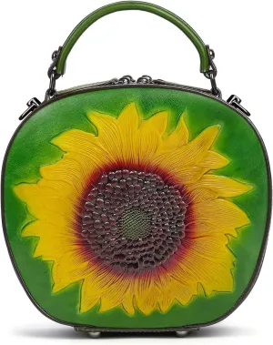 Genuine Leather Vintage Bag for Women: Cowhide Leather Crossbody Purse - Sunflower Embossed Handbag