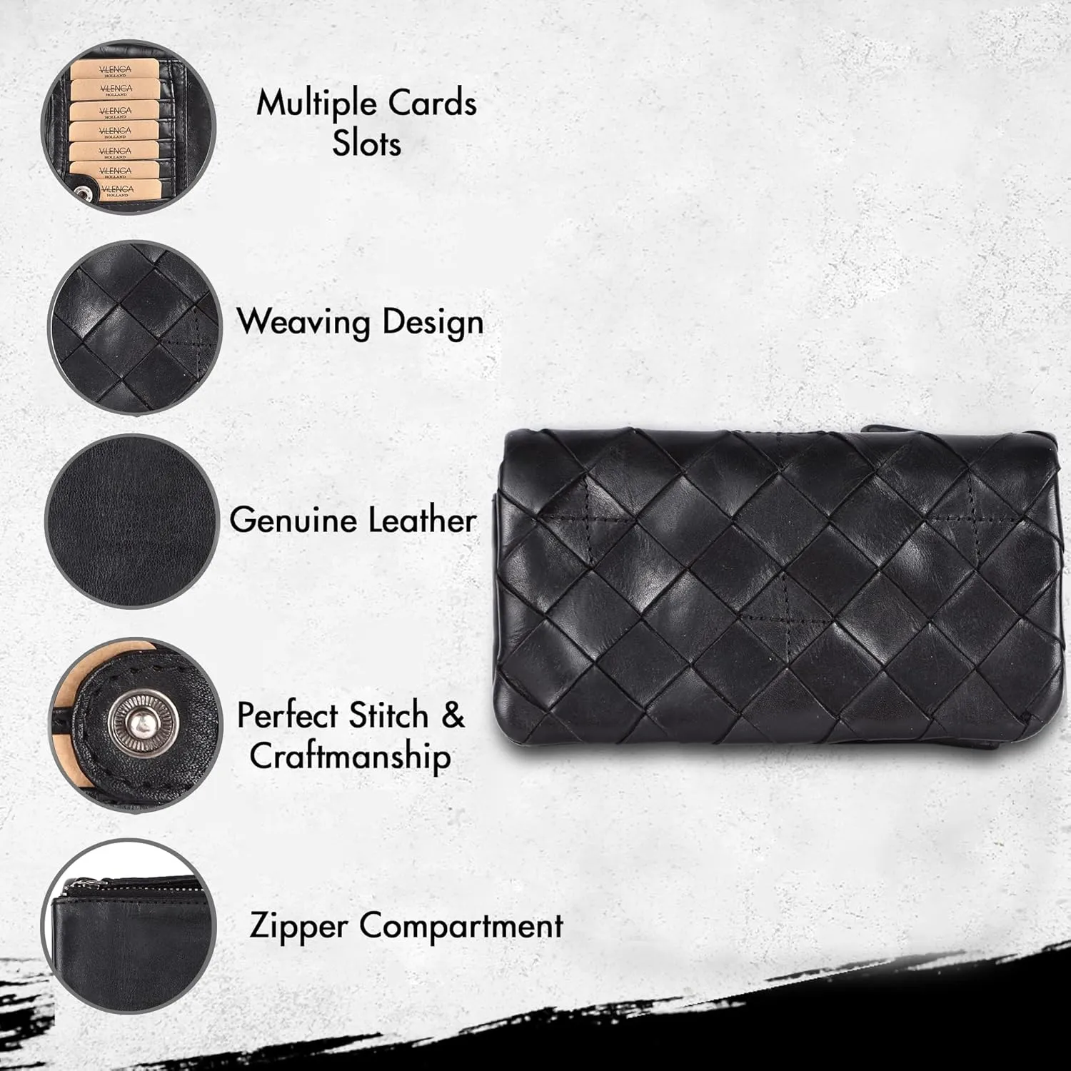 Genuine Leather Wallets for Women, Small Wallet for Ladies Zipper Coin Purse Credit Card Holder with Strap (VL-167-BLACK)