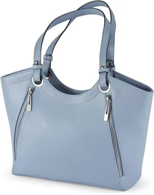 Genuine Leather Zip-Accent Purse, Light Blue Shoulder Bag for Women, Top Zip Closure, Ladies Handbag with Multiple Pockets