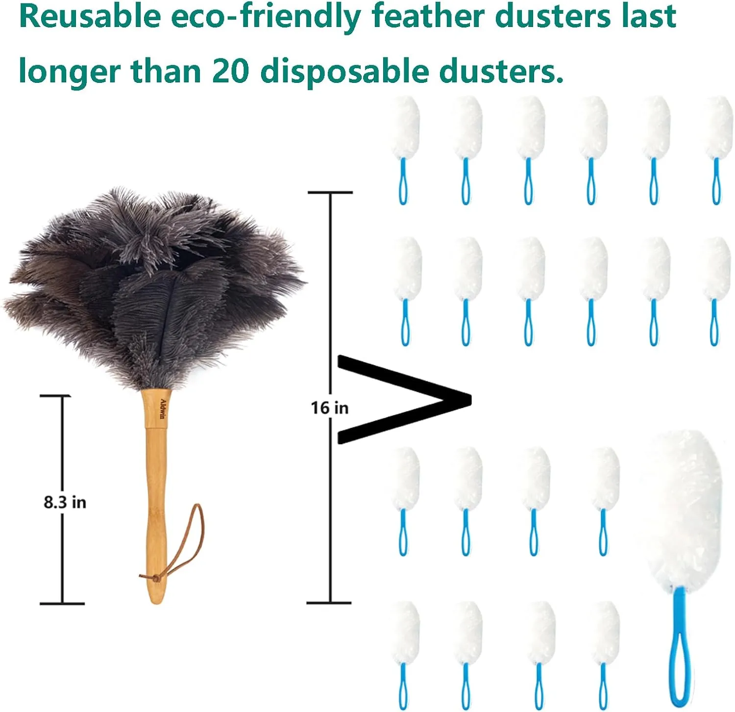 Genuine Ostrich Feather Duster, 16 inch Gray Ostrich Feather Duster with Wood Handle, Reusable Car Dusters, Eco-Friendly Handheld Cleaning Dusters for Home, Office and Kitchen
