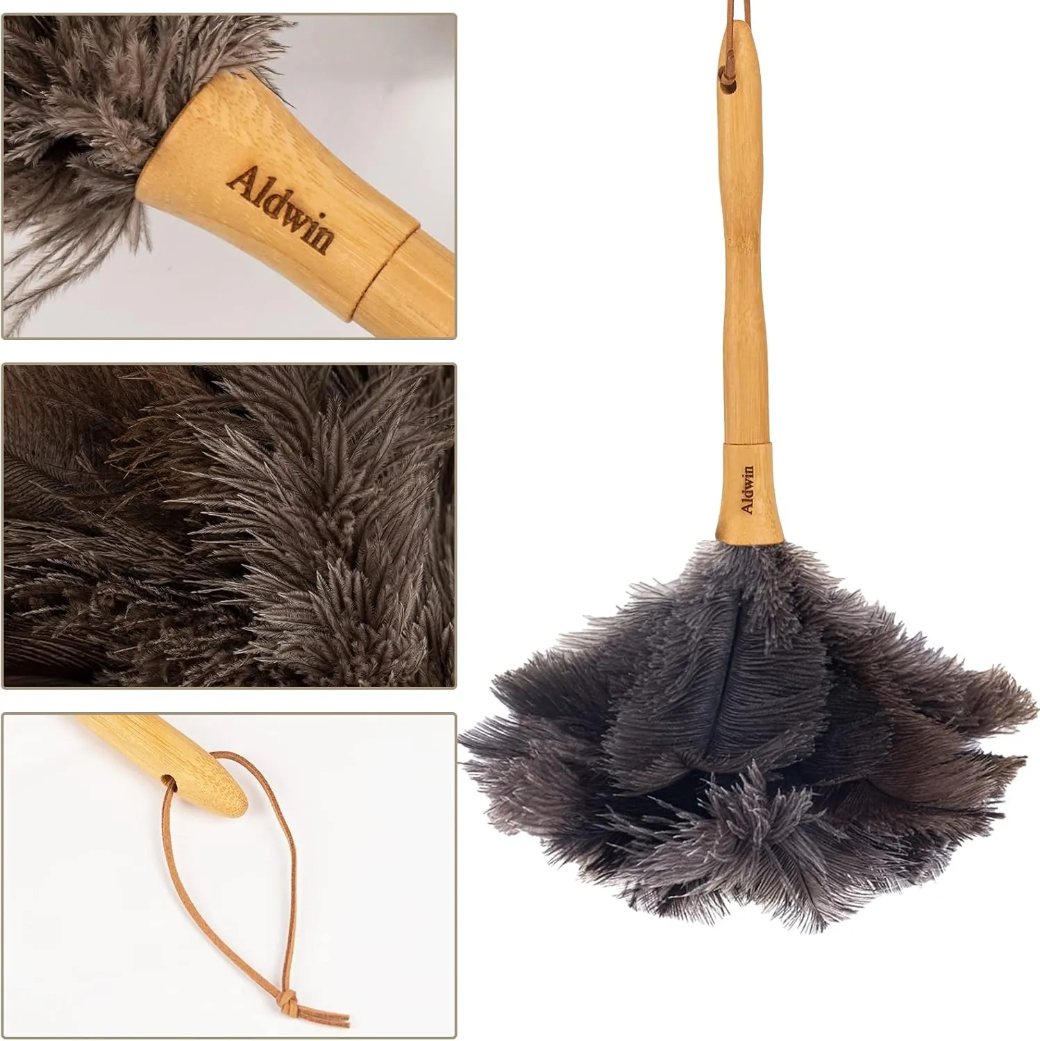 Genuine Ostrich Feather Duster, 16 inch Gray Ostrich Feather Duster with Wood Handle, Reusable Car Dusters, Eco-Friendly Handheld Cleaning Dusters for Home, Office and Kitchen