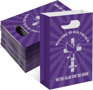 Geyee 60 Pcs Easter Church Welcome Gift Bags Bulk Purple Welcome to Our Church Christian Religious Paper Gift Bags with Handles for Visitors Guest Baptism Birthday Party Supplies, 8.6 x 6 x 2.36 Inch