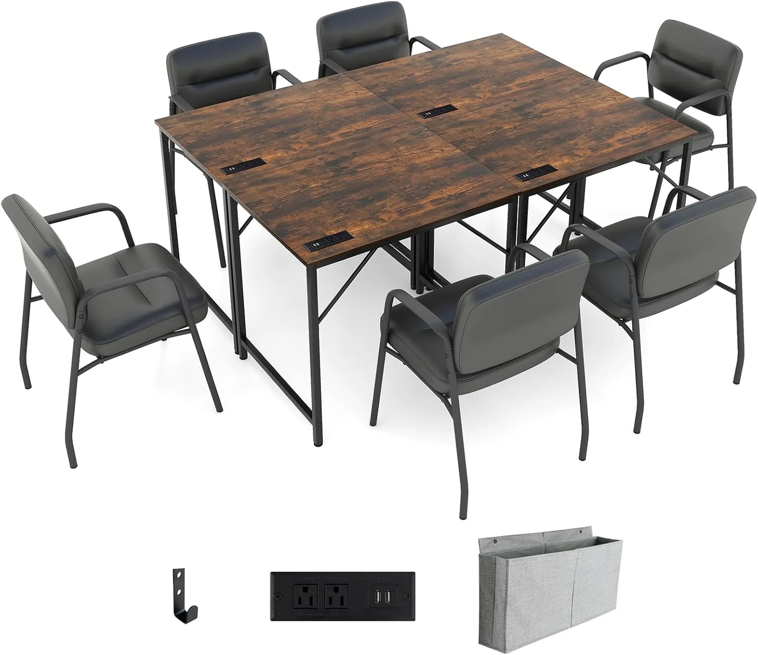 Giantex 11 FT Conference Table with Charging Station, 4 PCS 32" x 24" Rectangular Meeting Room Desk with Storage Bag & Hook, Space Saving Seminar Table, Modern Office Computer Desk for 6 People