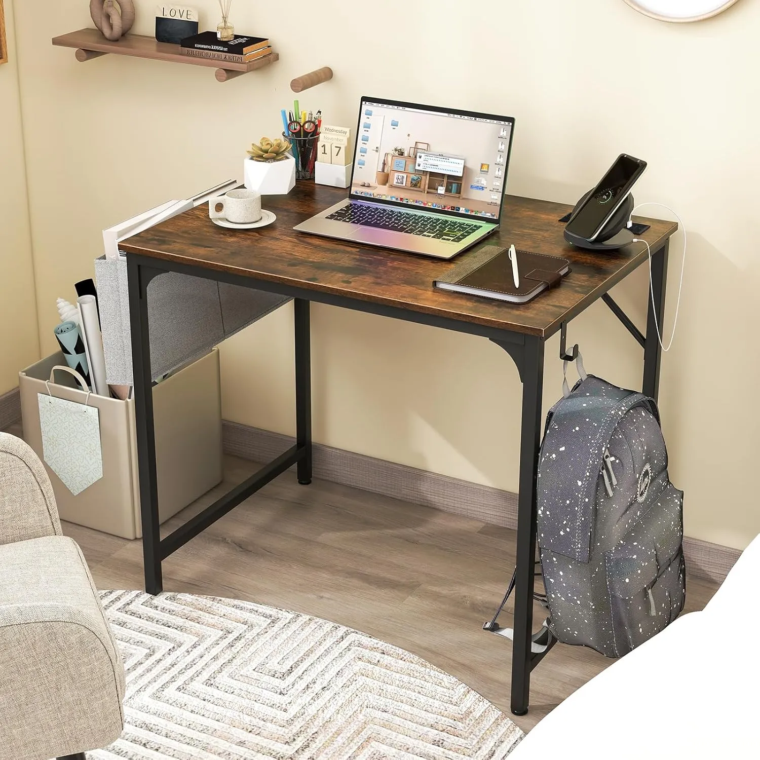 Giantex 11 FT Conference Table with Charging Station, 4 PCS 32" x 24" Rectangular Meeting Room Desk with Storage Bag & Hook, Space Saving Seminar Table, Modern Office Computer Desk for 6 People