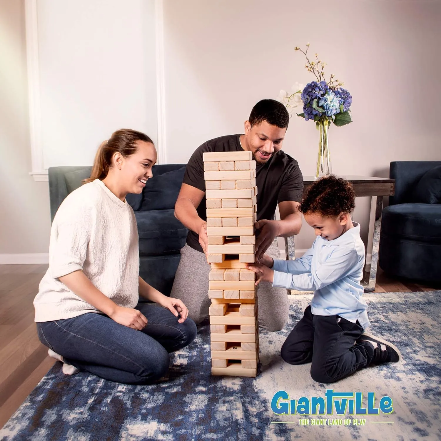 Giantville Giant Tumbling Timber Toy - Premium Pine Wood Life-Size Blocks Tower - Big Floor/Board Indoor/Outdoor Yard Game for Kids & Adults - 56-Pieces   Carry/Storage Bag - Grows to Over 4-Feet