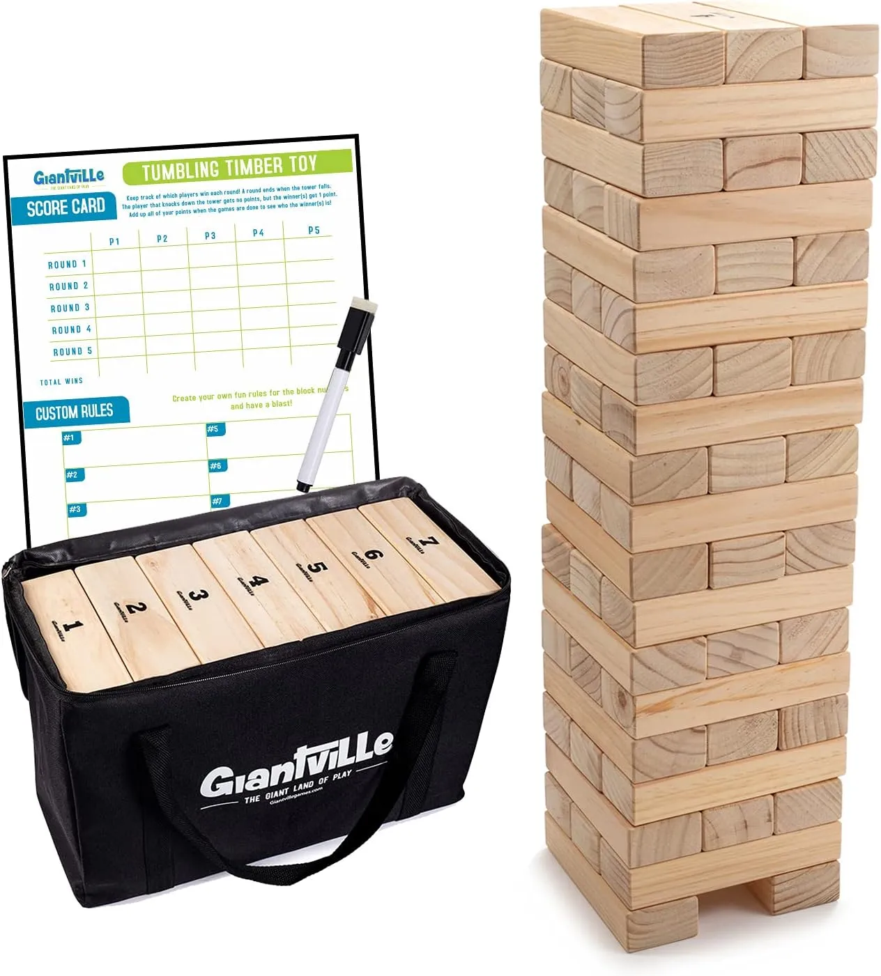 Giantville Giant Tumbling Timber Toy - Premium Pine Wood Life-Size Blocks Tower - Big Floor/Board Indoor/Outdoor Yard Game for Kids & Adults - 56-Pieces   Carry/Storage Bag - Grows to Over 4-Feet