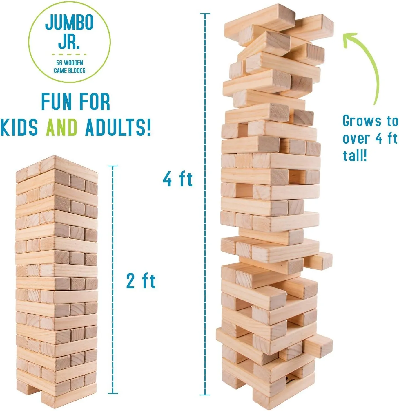 Giantville Giant Tumbling Timber Toy - Premium Pine Wood Life-Size Blocks Tower - Big Floor/Board Indoor/Outdoor Yard Game for Kids & Adults - 56-Pieces   Carry/Storage Bag - Grows to Over 4-Feet