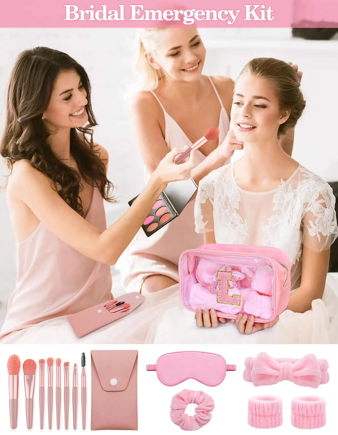 Gift Sets for Women, Initial Makeup Bag with Makeup Brush Set Bachelorette Party Favors, Pink Spa Kit with Skincare Headbands Wrist Bands Sleepover Party Supplies Gifts for Teen Girls Bridesmaid L