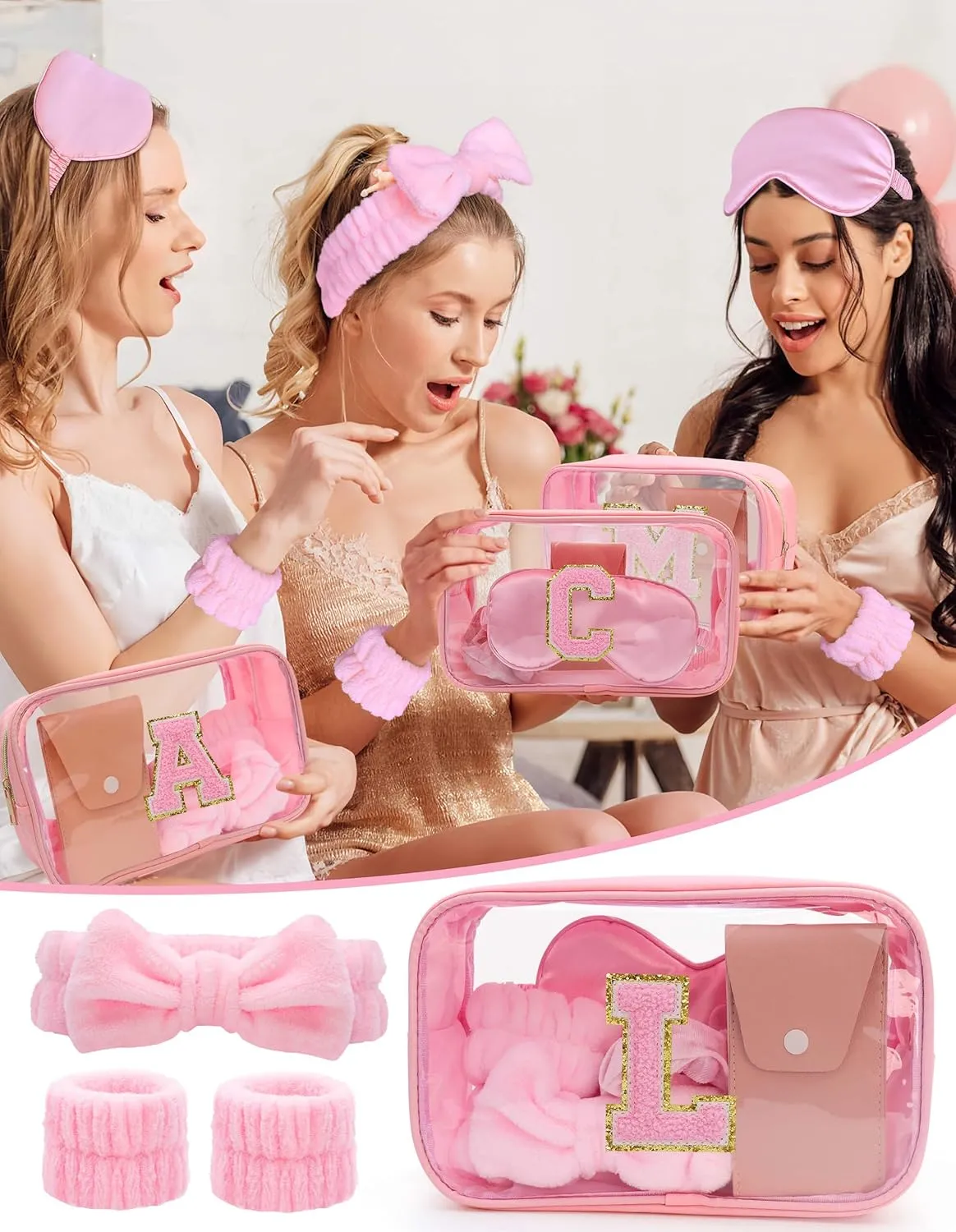 Gift Sets for Women, Initial Makeup Bag with Makeup Brush Set Bachelorette Party Favors, Pink Spa Kit with Skincare Headbands Wrist Bands Sleepover Party Supplies Gifts for Teen Girls Bridesmaid L