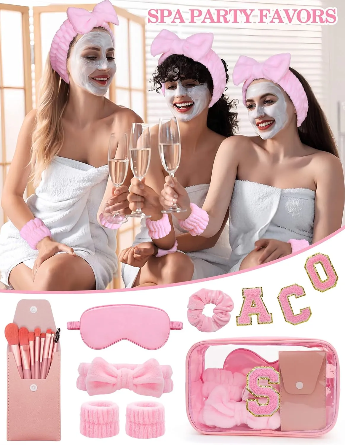 Gift Sets for Women, Initial Makeup Bag with Makeup Brush Set Bachelorette Party Favors, Pink Spa Kit with Skincare Headbands Wrist Bands Sleepover Party Supplies Gifts for Teen Girls Bridesmaid S