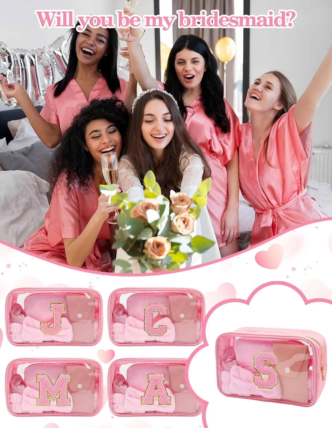 Gift Sets for Women, Initial Makeup Bag with Makeup Brush Set Bachelorette Party Favors, Pink Spa Kit with Skincare Headbands Wrist Bands Sleepover Party Supplies Gifts for Teen Girls Bridesmaid S