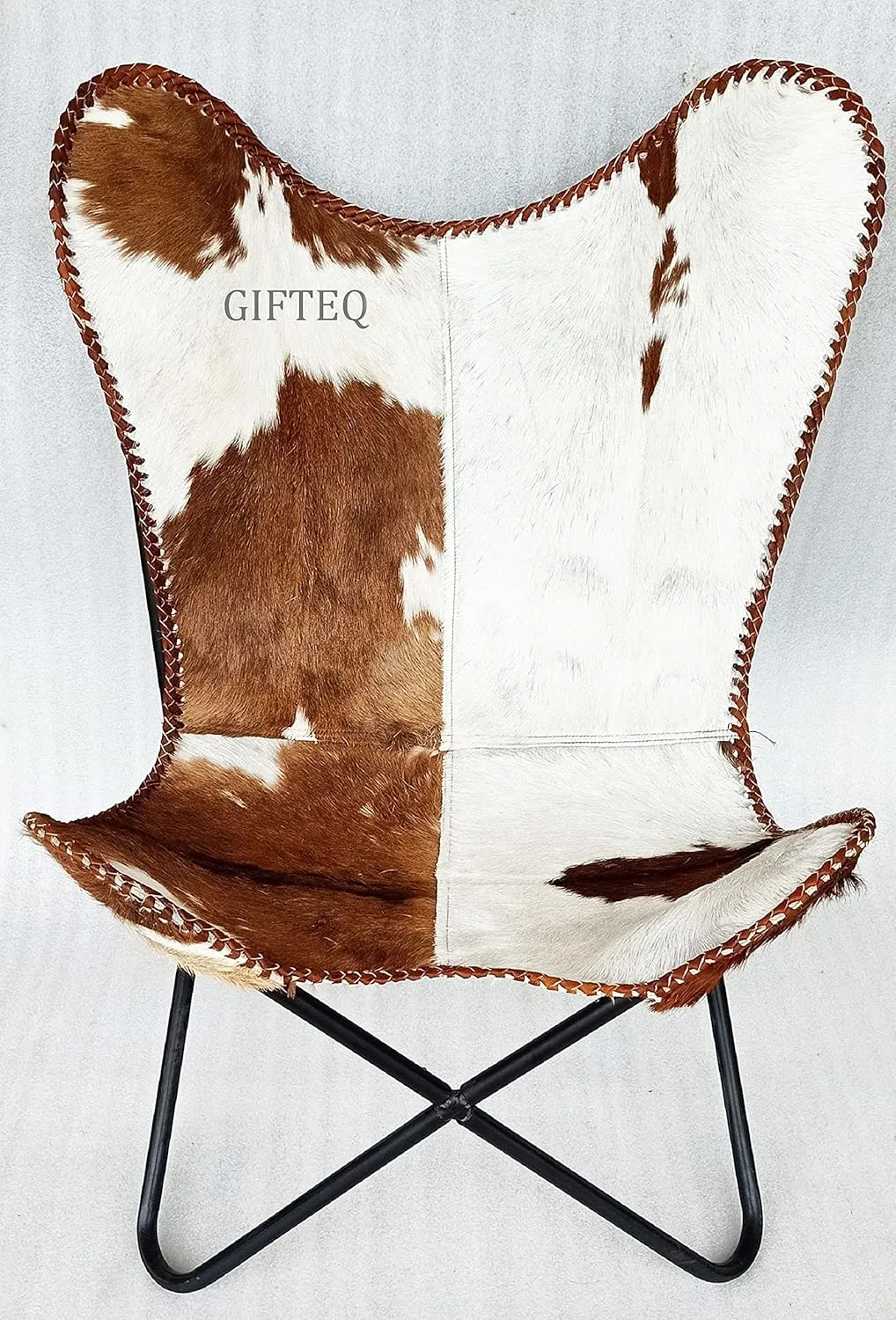 GifteQ Leather Butterfly Chair – Handmade Vintage Design, Foldable and Durable Accent Chair for Living Room & Patio (Hairon White & Brown)